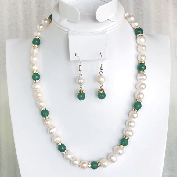 9-10mm White Freshwater Pearl & Green Jade Necklace Dangle Earrings Set - Picture 1 of 8